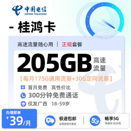 北海电信桂鸿卡39元享205G流量+300分钟通话