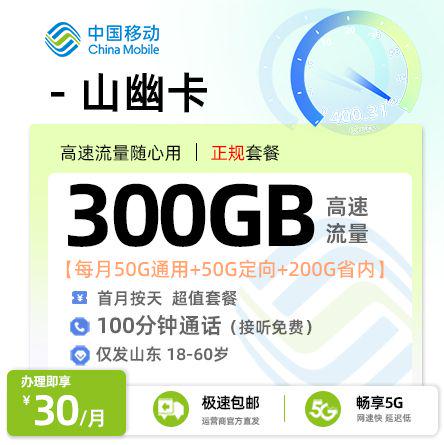 移动山幽卡【山东专属】30元享300G流量+100分钟通话